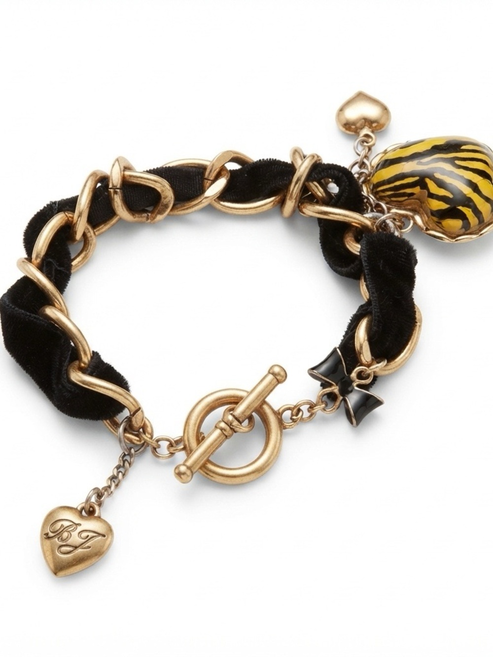 Betsey Johnson Gold-Tone Black Velvet Bracelet with Yellow Zebra Heart Charm